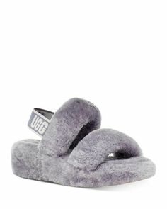 UGG OH YEAH SLIDE SHEEPSKIN SLINGBACK COLOR: SOFT AMETHYST SIZE: 8 US/ 6 UK Step out in style with this genuine-shearling slingback that combines the warm-weather appeal of a sandal with the plush comfort of your favorite slipper. The lightweight platform sole furthers the fashion-forward appeal of this wear-with-anything style. Toe style:  open toe Dark dye may transfer to lighter materials 1 1/2" heel; 1" platform Elasticized slingback strap Genuine-shearling upper and lining/rubber sole Shear Ugg Oh Yeah Slides, Custom Uggs, Fluffy Sandals, Ugg Coquette, Ugg Scuffette, Ugg Slides, Clothing Board, Ugg Tasman Slippers, Slippers Online