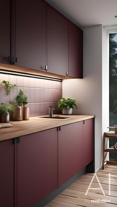 a kitchen with wooden flooring and purple cupboards next to a large glass window