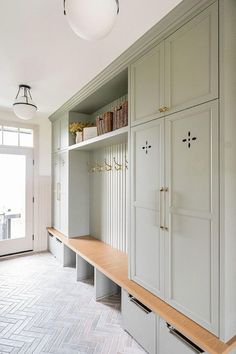 an empty room with white cabinets and drawers