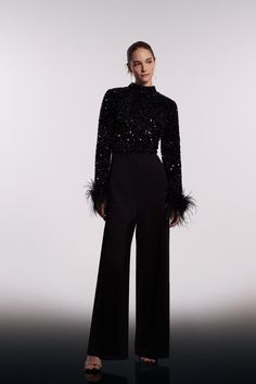 Style: Flared JumpsuitLength: RegularNeckline: Crew Jumpsuit With Jacket, Cocktail Suit, Gown Couture, Glitter Jumpsuit, Feather Cuff, Alt Goth, Crazy Rich Asians, Gucci Crossbody Bag, Street Vendor