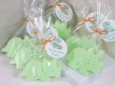 some green elephant shaped soaps wrapped in cellophane and tied with twine