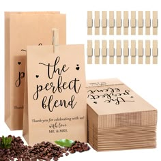 the paper bag is filled with coffee beans and there are several bags next to it