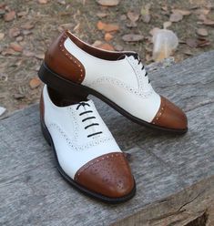 LeatherLooms Brown / White Leather Oxford Men Formal Lace up Dress Shoes on Storenvy Quality Leather Boots, Custom Design Shoes, Men Formal, Mens Oxfords, Mens Casual Outfits, White Leather, Leather Boots, Calf Skin, Calf Leather