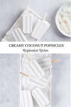 the ingredients to make creamy coconut popsicles are shown in white trays and on wooden sticks