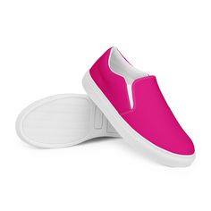 NEON PINK SLIP-ONS ARE A FUN ALTERNATIVE. Sizes are US women's. Please choose correctly. The size conversion chart is between the photos. Made for comfort and ease, these neon pink women's slip-on canvas shoes are stylish and the ideal piece for completing an outfit. Equipped with removable soft insoles and rubber outsoles, it's also easy to adjust them for a better fit. Designed by Glorianna Center, Nataša Mulec s.p.. Made and sent by Printful. *  100% polyester canvas upper side *  Ethylene-vi Pink Sporty Slip-on Sneakers With Rubber Sole, Sporty Pink Slip-on Sneakers With Rubber Sole, Sporty Pink Slip-on Sneakers For Spring, Casual Pink High-top Slip-on Sneakers, Trendy Slip-on Canvas Shoes With Rubber Sole, Summer Streetwear Slip-on Canvas Shoes, Pink Casual Slip-on Sneakers For Streetwear, Comfortable Pink Slip-on Sneakers, Pink Slip-on Sneakers For Sports With Round Toe