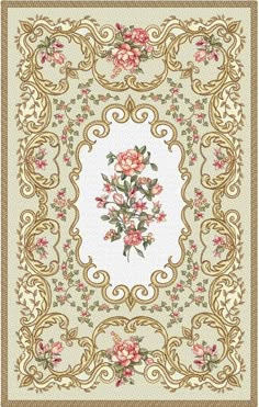 a square rug with pink flowers on the center and gold trimmings around it