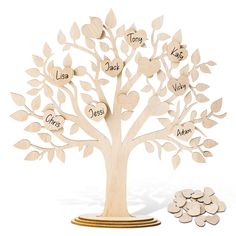 a wooden family tree with lots of leaves and hearts on the top, surrounded by coins