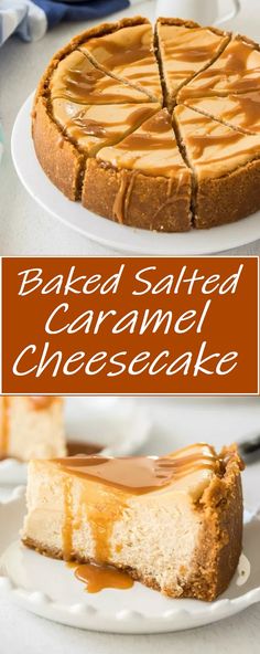 baked salted caramel cheesecake on a white plate