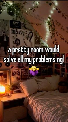 a bedroom with lights on the ceiling and a bed in it that says, a pretty room would solve all my problems ngl