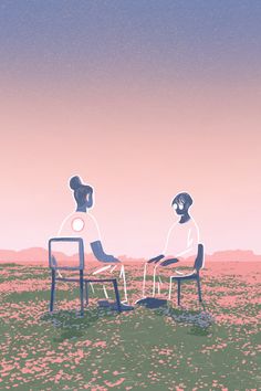 two people sitting on chairs in the middle of a field with pink and blue sky