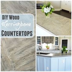 there are pictures of wood flooring and countertops in the kitchen, with text overlay reading diy wood herringbone countertops