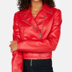 Express Cherry Red Faux Leather Moto Jacket. Size Small. New With Tags Red Biker Outerwear With Zipper Closure, Red Long Sleeve Biker Jacket With Zipper Closure, Red Moto Outerwear With Zipper Closure, Red Zip Fly Outerwear For Fall, Casual Red Leather Jacket With Zipper Closure, Casual Red Leather Jacket With Zipper, Red Biker Jacket With Long Sleeves, Red Biker Outerwear For Fall, Edgy Red Biker Jacket For Winter