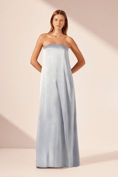 LA LUNE STRAPLESS COLUMN MAXI DRESS | POWDER BLUE | DRESSES | SHONA JOY Powder Blue Dress, Shona Joy, Column Dress, Dress Evening, Handmade Dresses, Powder Blue, Satin Dresses, Satin Finish, Evening Dress