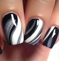 Black And White Coffin Acrylic Nails, Black Grey And White Nails, Short Elegant Nails, Fancy French Manicure, Jan Nails, Swirly Nails, Black And White Nail Art, Black White Nails