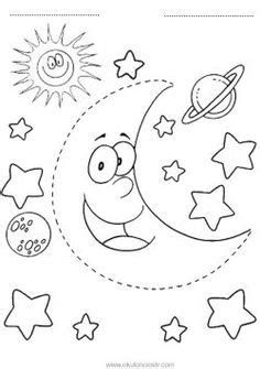 a cartoon moon with stars and the sun in the sky coloring page for kids to color