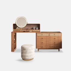 an image of a dressing table with mirror and stool in the corner on white background