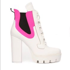 White & Pink Boots. Very Cute And Steady Spring Party Platform Boots With Lug Sole, White Lace-up Boots For Spring, Trendy Spring Lace-up Boots With Chunky Platform, Spring Synthetic Lace-up Ankle Boots, White Lace-up Platform Boots, Trendy Chunky Platform Lace-up Boots For Spring, White Lace-up Platform Boots With Chunky Platform, White Leather Lace-up Boots For Fall, White High Heel Boots For Spring