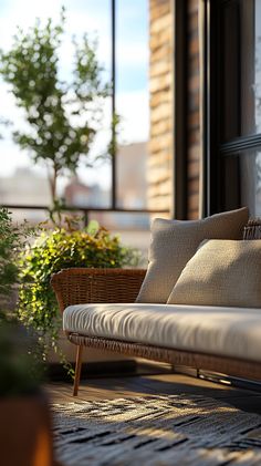 a couch sitting on top of a wooden floor next to a planter filled with flowers