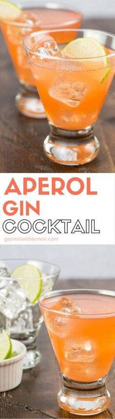 the recipe for aperol gin cocktail is shown in three glasses with limes on top