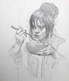 a drawing of a girl eating out of a bowl with a spoon in her hand