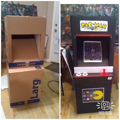 two pictures of an arcade machine and a cardboard box