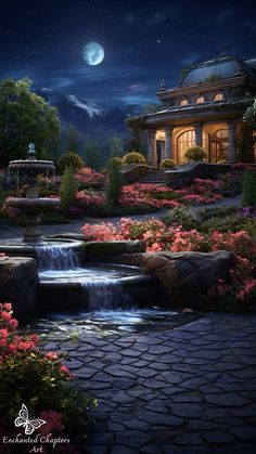 a night scene with flowers and a waterfall