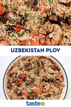 two pictures with different types of food in the same photo, one has rice and the other has vegetables