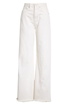 Flaunt a flattering retro vibe in these nonstretch jeans styled with a high waist and dramatic wide legs with frayed hems. 32" inseam, 22 1/2" leg opening; 13" front rise; 16" back rise (size 29) Button fly 100% cotton Machine wash, line dry Imported Chic Cream Flare Jeans For Fall, Chic High Rise Beige Flare Jeans, Beige Wide Leg Cargo Jeans, Chic White Jeans With Straight Hem, Chic White Straight Hem Jeans, White Wide-leg Flare Jeans For Fall, Cream Cotton Flare Jeans, Chic Off White Cotton Wide Leg Pants, Chic Wide-leg Flare Jeans With Frayed Hem