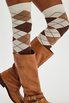 Designed to add the perfect touch of prep to any style, these forever staple socks are featured in an over-the-knee silhouette with timeless argyle printing throughout for a forever classic finish. | Prep School Knee High Socks by Free People in Brown Classic Brown Socks For Fall, Brown Socks For Fall Stocking Stuffer, Classic Fall Socks, Classic Fitted Knee-high Socks For Fall, Classic Mid-calf Fall Socks, Classic Fitted Socks For Fall, Prep School, Knee High Socks, Boho Clothing