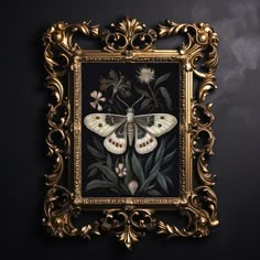 an ornate gold frame with a painting of a moth on it's back side