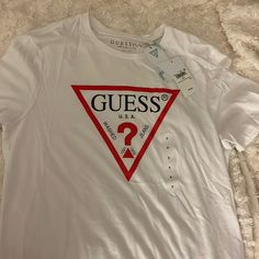 Cute Nwt Guess Logo Tshirt 100% Organic Cotton Never Worn Basic White Logo T-shirt, Basic White T-shirt With Logo, Red Graphic Tee With Logo, Red Crew Neck Top With Logo, Red Short Sleeve Tops With Logo, Casual Red Tops With Logo, Red Logo Tops For Streetwear, White Short Sleeve Top With Logo, White Cotton Top With Logo