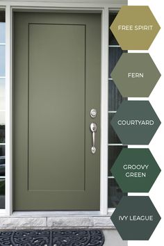 Make your friends + family green with envy with a beautiful new front door for your entryway. Add front porch decor to complement the color for a one-of-a-kind look. Green Door Paint Colors, Front Door Colors Neutral, Green Front Door Inside, Green Front Door Interior, Olive Green Front Door Colors, Modern Green Front Door, Sage Green Front Door Tan House, Rustic Door Colors, Color Front Door Ideas