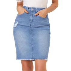 Treat yourself to the classic feel in this denim skirt with a raw hem, distressed and washed details.With slim fit and pencil style details, this above-length skirt features classic four pockets, frayed hem, comfy fabric, and raw cut for your cutePerfectly pair with your simple dots t-shirt and sandals to complete your fashion look. Size: x-small. Color: sky blue. Gender: female. Age Group: adult. Pattern: Solid. Material: Cotton. Knee Length Jean Skirt Outfits, Knee Length Jean Skirts, Jean Skirt Outfits, Denim Skirt Outfits, Jeans Skirt, Jeans Material, Womens Basic, Washed Jeans, Chic Woman