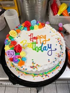 Cake, cake decorating, rainbow cake, happy birthday, happy birthday cake, Dairy Queen, ice cream cake, rainbow frosting , rainbow flowers, flowers Fiesta Sheet Cake, Sheet Cake Decorating Ideas Birthday, Flower Frosting, Bright Birthday Cakes, Mexican Themed Cakes, Dq Cake, Halloween Gingerbread House, Neon Cakes, Dq Cakes