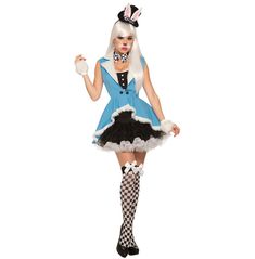 a woman in a blue and black dress with white rabbit ears on it's head