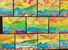 several colorful paintings with different shapes and colors on them, all depicting the same landscape