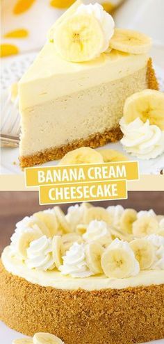 there is a banana cream cheesecake with bananas on top and the bottom half eaten