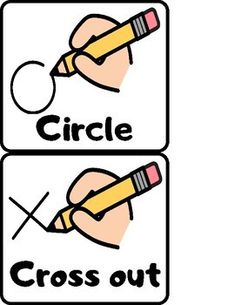 two signs that say circle, cross out and crayon pencils on them