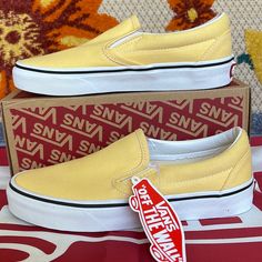 New In The Box No Lid Authentic Women’s Classic Slip-On Golden Haze/True White Vnoa4u38wl6 Sneakers - Athletic Shoes - Skateboarding Mustard Low-top Sneakers For Spring, Yellow Slip-on Sneakers With Rubber Sole, Yellow Slip-on Sneakers For Streetwear, Yellow Vans Sneakers Sporty Style, Sporty Yellow Vans Sneakers, Yellow Casual Canvas Shoes For Streetwear, Casual Yellow Canvas Shoes For Streetwear, Vans Yellow Slip-on Sneakers, Yellow Vans Slip-on Sneakers