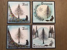 four christmas cards with cats and trees on them