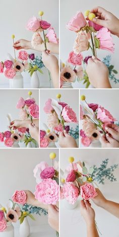 the process of making paper flowers is shown in multiple pictures, including pinks and whites