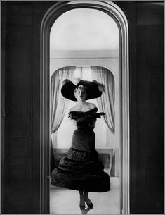 Model in Balenciaga's lamp shade dress, made of crinkled b… | Flickr Skirt Tiered, 40s Fashion, Harper's Bazaar, Harpers Bazaar, Fashion History, Black Satin, Lamp Shade