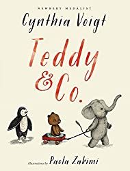 a book cover with an elephant, penguin and bear on a skateboard in front of the words teddy & co