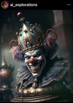 an evil clown wearing a crown on top of a table