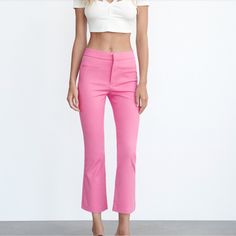 Zara Pink Crop Flare Pants Brand New With Tags Zip Front Fly Closure 50% Cotton/3% Elastane/47%Polyester Price Firm. Thanks Summer Pants With Pockets In Elastane, Chic Elastane Pants For Summer, Feminine Stretch Wide Leg Bottoms, Summer Ankle-length Elastane Dress Pants, Ankle-length Elastane Dress Pants For Summer, Pink Stretch Wide Leg Bottoms, Stretch Wide Leg Pink Bottoms, Pink Ankle-length Pants With Pockets, High Waist Pink Elastane Bottoms