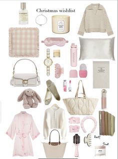 the contents of a christmas wishlist are arranged on a white background with pink accents