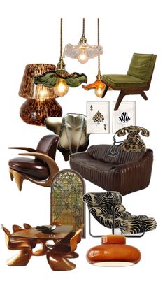 an assortment of furniture including chairs, lamps and pictures