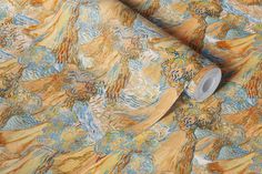 an artistic wallpaper with blue, yellow and orange designs on it's surface