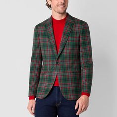 For festive, holiday occasions, slip on the timeless style of this plaid J. Ferrar men's slim-fit sport coat made from a woven jacquard with recycled fabric. It features a single-breasted design with a notch lapel, long sleeves, interior and exterior pockets, and a two-button closure.Front Style: Single BreastedClosure Type: ButtonFit: Slim FitPockets: 1 Inside Button Pocket, 1 Inside Slip Pocket, 1 Chest Slip Pocket, 2 Front Flap PocketsSleeve Length: Long SleeveApparel Length: 27 InchesFiber C Color Themed Outfits, Looks For Men, Red Tartan, Sport Coats, Christmas Men, Holiday Looks, Festive Holiday, Slim Fit Men, Recycled Fabric