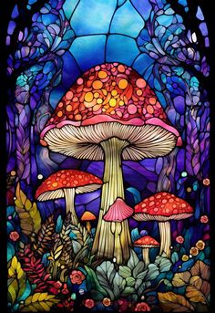 a stained glass window with mushrooms and leaves